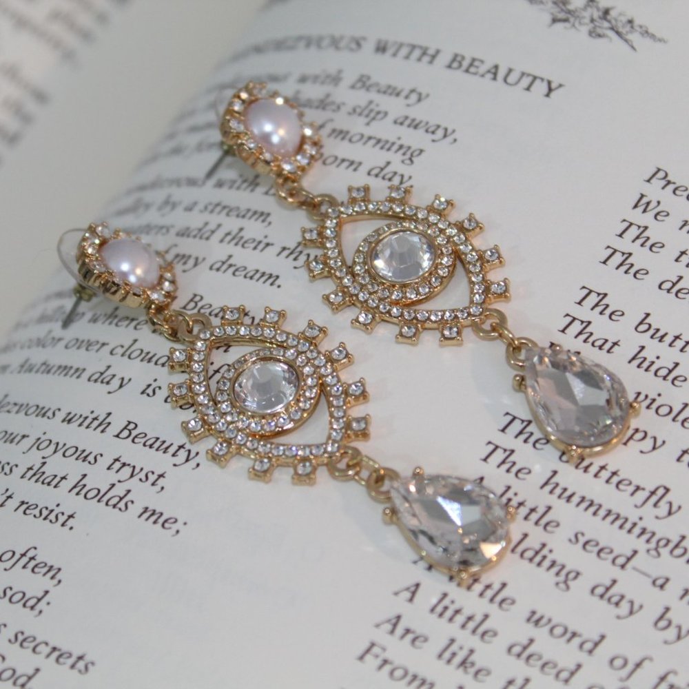 Dangling Gold Rhinestone Cocktail Earrings NEW